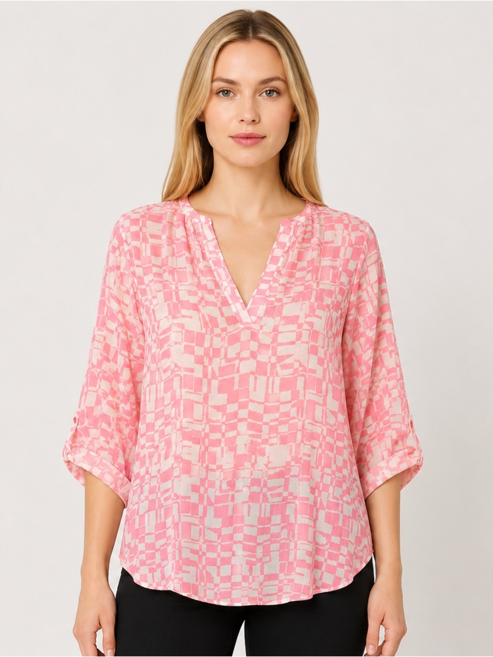 Collective Concepts Sheer V-Neck 3/4 Sleeve Pink/Ivory Blouse Size Medium